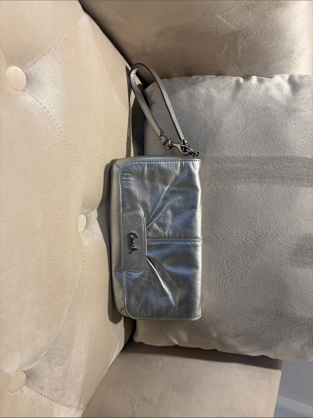 Coach Silver Leather Pleated Wristlet